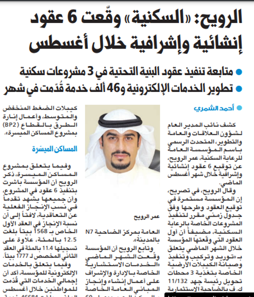Picture of الرويح: «السكنية» وقّعت 6 عقود إنشائية وإشرافية خلال أغسطس